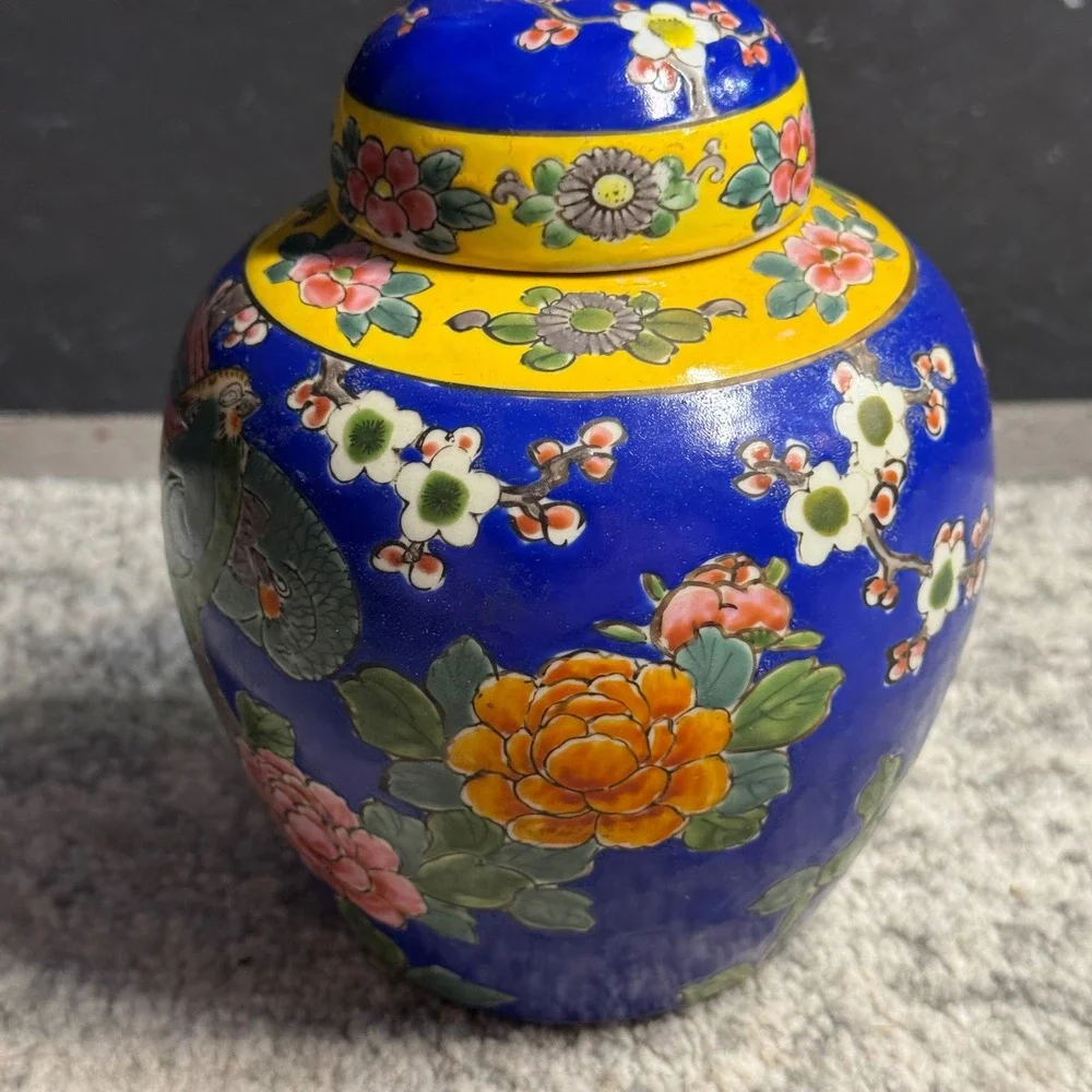 Vintage Made in Japan‎ Ginger Jar Cobalt Blue Yellow Parrot Cherry Blossom 6.5